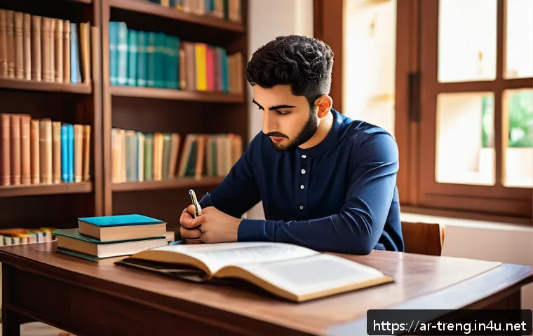무역영어 실기시험에서 고득점 비법 - A focused young Arab adult male studying diligently in a quiet, well-lit room with traditional Middl...