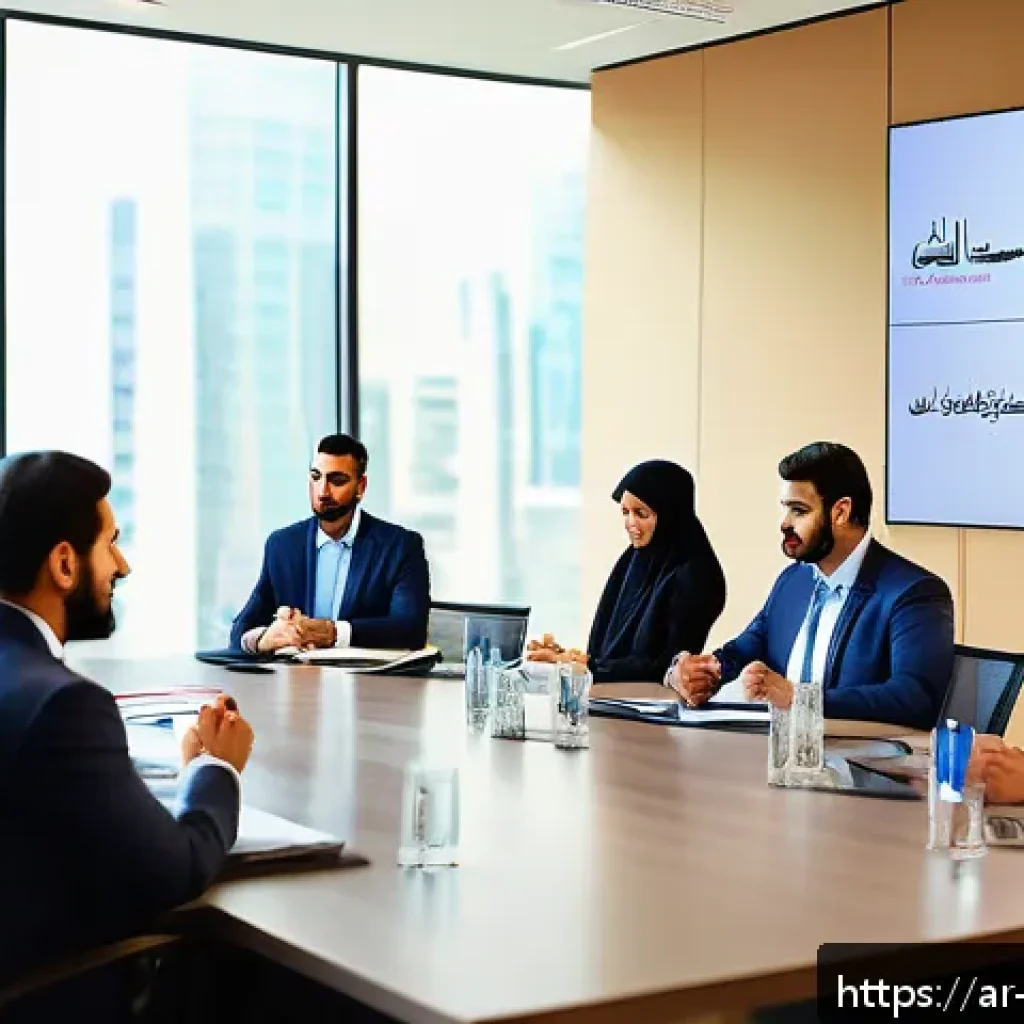 무역영어 학습 자료의 체계적 활용 방법 - A modern business meeting room in a Middle Eastern office setting, featuring diverse Arab profession...