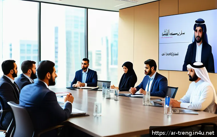 무역영어 학습 자료의 체계적 활용 방법 - A modern business meeting room in a Middle Eastern office setting, featuring diverse Arab profession...