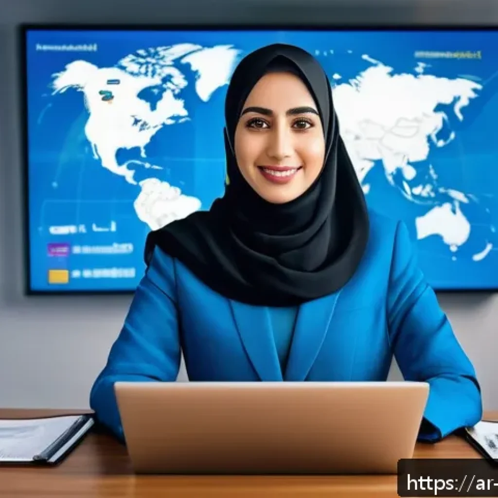 무역영어와 해외 현지 조사 방법 - A professional Middle Eastern businesswoman in modern modest attire, engaging confidently in a virtu...