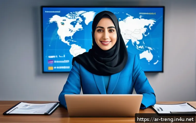 무역영어와 해외 현지 조사 방법 - A professional Middle Eastern businesswoman in modern modest attire, engaging confidently in a virtu...