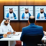 무역영어와 협상 기술 향상 - A professional business meeting scene in a modern conference room, featuring diverse Arab businesspe...