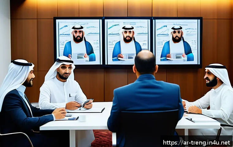 무역영어와 협상 기술 향상 - A professional business meeting scene in a modern conference room, featuring diverse Arab businesspe...