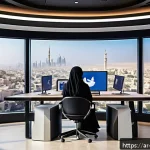 무역영어 실전 연습을 위한 케이스 스터디 - A detailed digital marketing workspace scene showing an Arab businesswoman in modern, modest attire ...