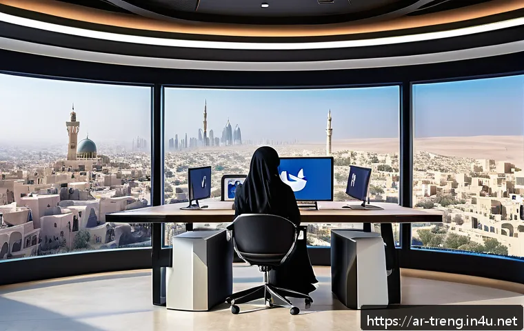 무역영어 실전 연습을 위한 케이스 스터디 - A detailed digital marketing workspace scene showing an Arab businesswoman in modern, modest attire ...