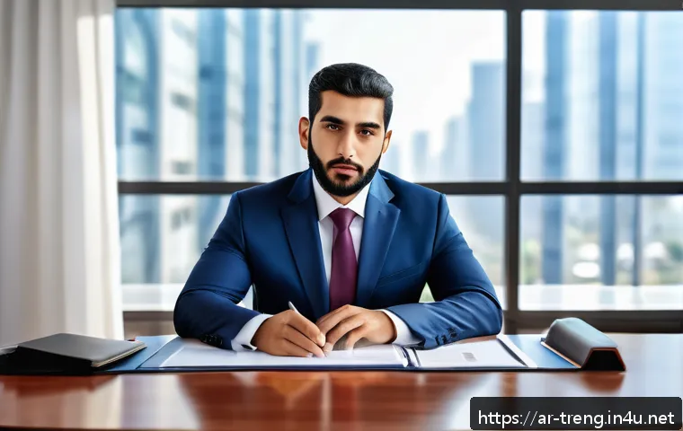 무역영어 자격증이 필요한 이유 - A professional Arab man in modern business attire sitting confidently at a sleek office desk, review...