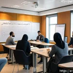 무역영어 시험에서 자주 나오는 문제 유형 - A modern business classroom setting in a Middle Eastern office, showing a diverse group of Arabic-sp...