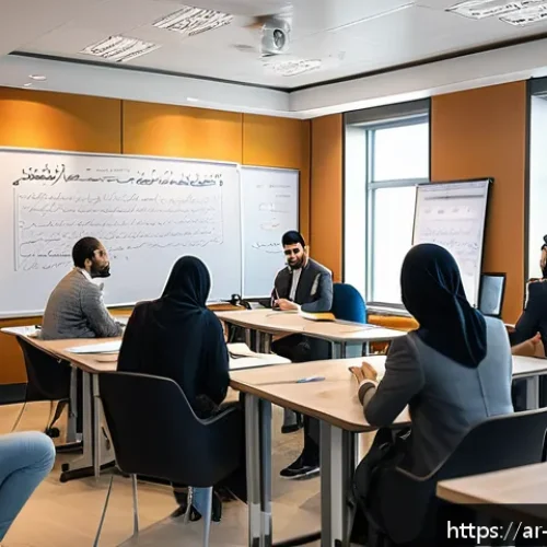 무역영어 시험에서 자주 나오는 문제 유형 - A modern business classroom setting in a Middle Eastern office, showing a diverse group of Arabic-sp...