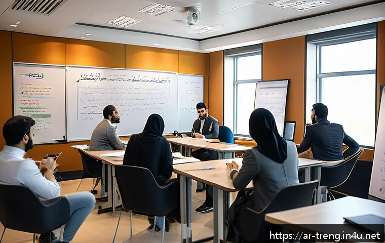 무역영어 시험에서 자주 나오는 문제 유형 - A modern business classroom setting in a Middle Eastern office, showing a diverse group of Arabic-sp...