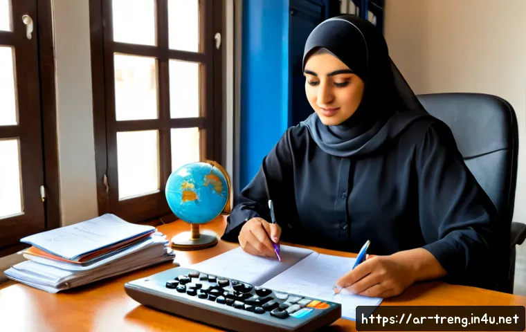 무역영어 필기시험에서 자주 나오는 문제 풀이법 - Photorealistic study scene for international trade exam preparation, Arab university student in mode...