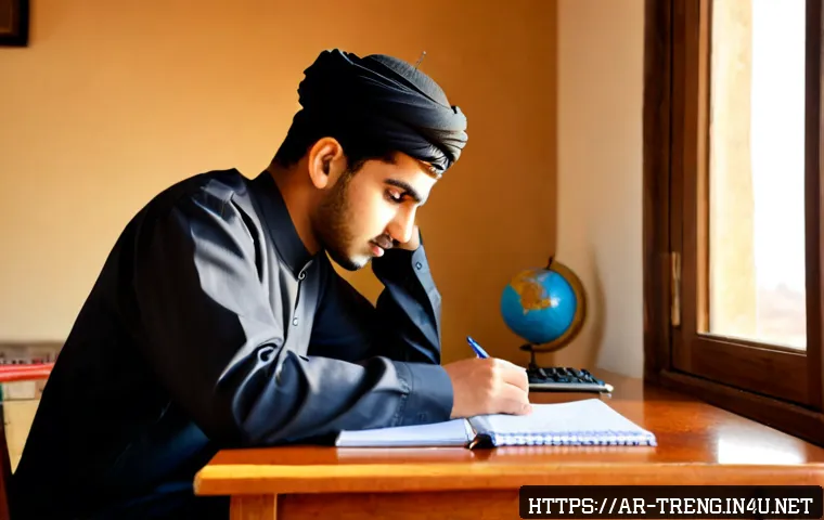무역영어 필기시험 대비에서 발생한 주요 도전 - Photorealistic study scene of a focused young Arab professional preparing for a challenging internat...