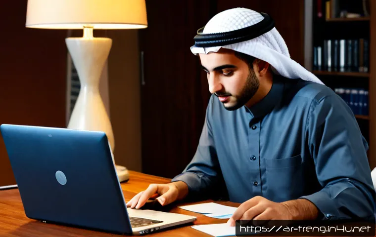 무역영어 학습법의 개선과 직무 활용 사례 분석 - Photorealistic study scene of a young Arab professional in modest business attire practicing interna...