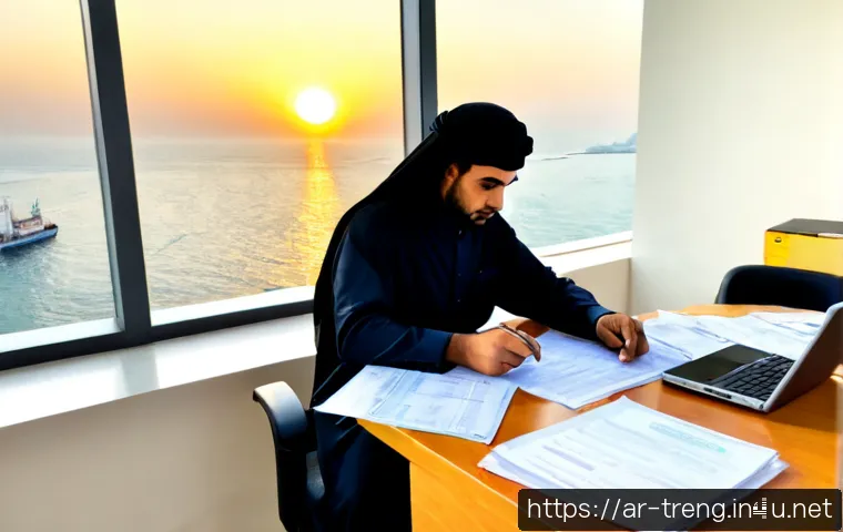 무역영어 필기시험 대비로 얻은 업무 기술 - Photorealistic Arab business professional in a modern Gulf-region office, carefully organizing shipp...