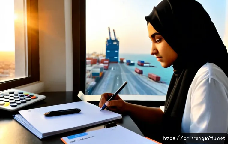무역영어 시험과 실제 비즈니스 활용 사례 - Photorealistic study scene of a young Arab professional preparing for an international trade English...