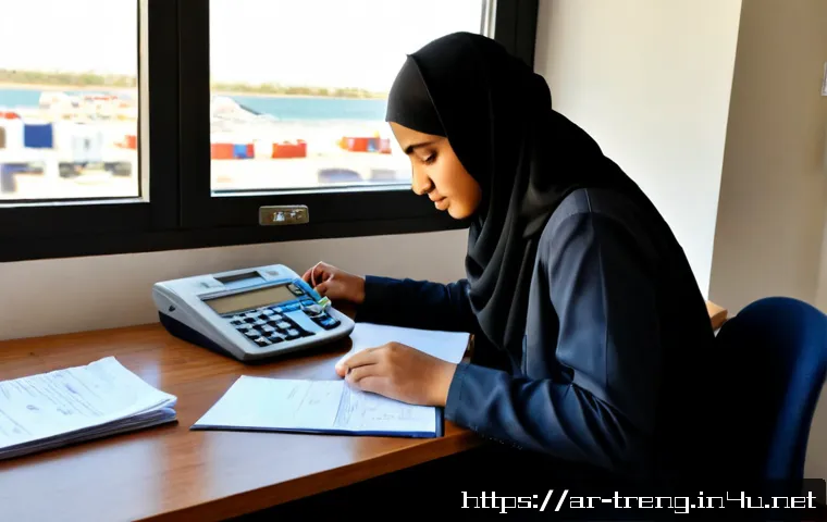 무역영어 실기시험 대비 주요 문제 풀이 사례 - Photorealistic trade English practical exam preparation scene, Arab university student in modest bus...